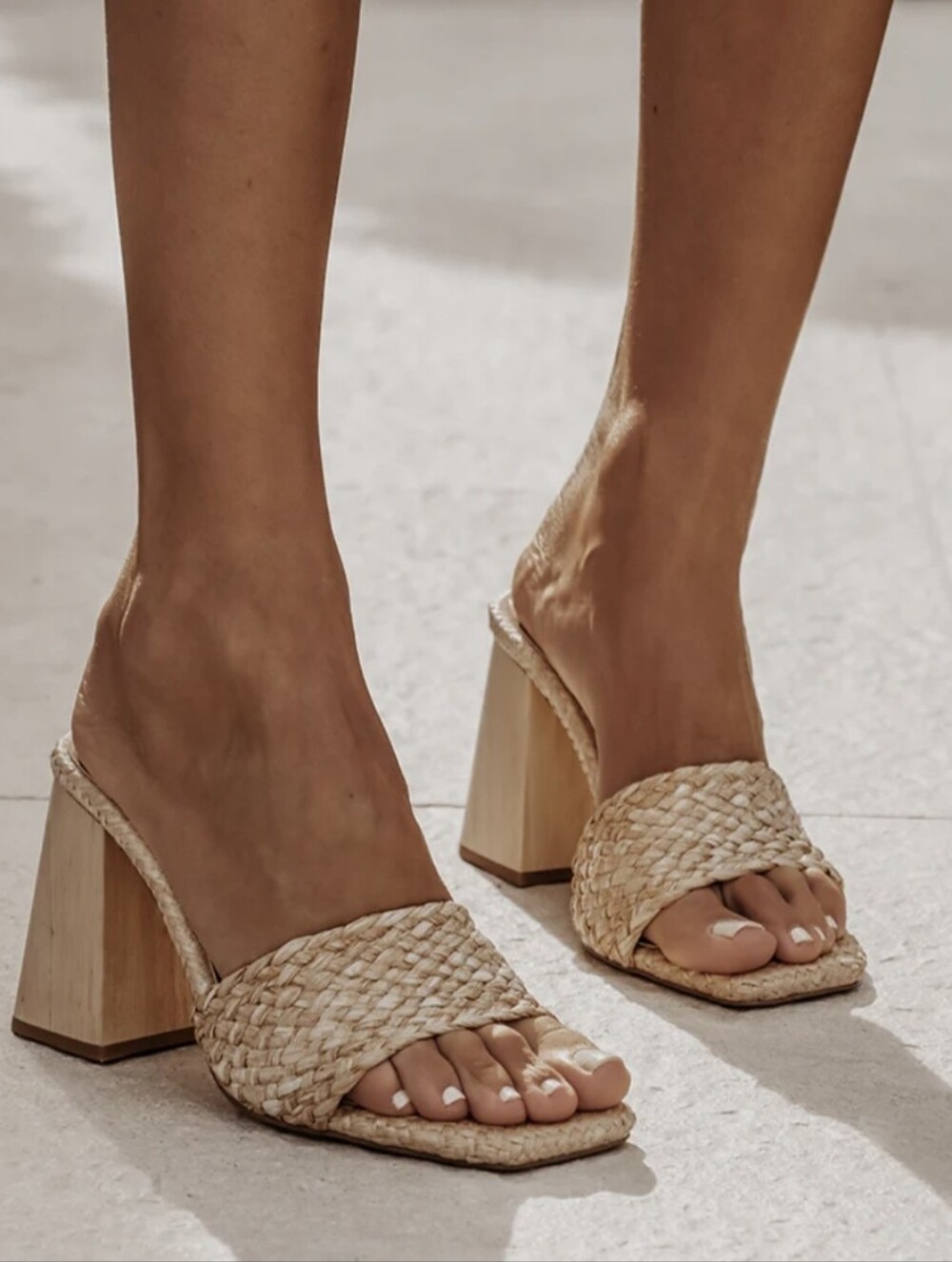 Woven Block Heel Slide Sandals - Natural